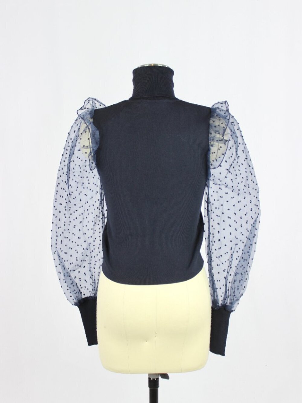 NWT ZARA Navy Blue Ribbed Knit Flocked Dot Organza Puff Sleeve Top, Size S - Picture 3 of 16